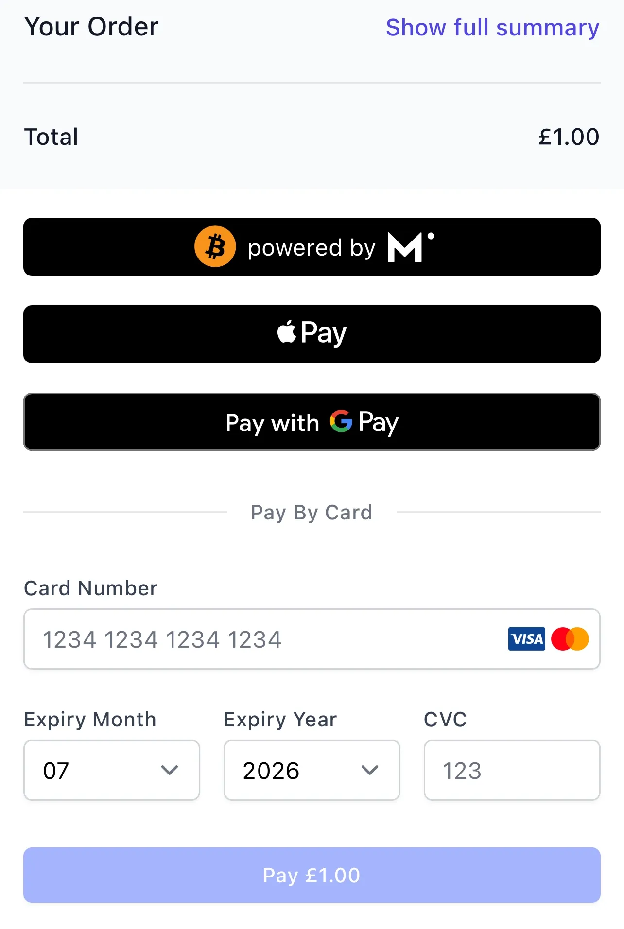 The Musqet online checkout on a phone, offering Bitcoin, Apple Pay, Google Pay and card payment